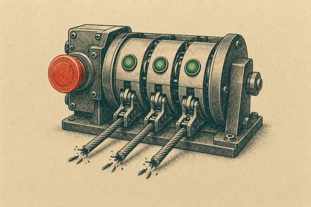Halftone illustration of an emergency relay cutting three tool-authority threads.
